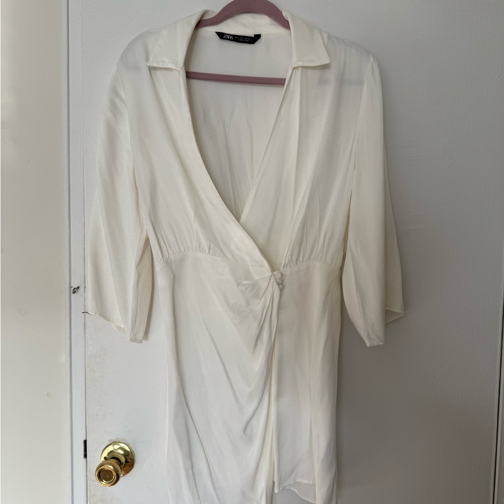Zara White Satin Effect Dress with Notched Collar and Dolman Sleeves
